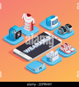 Wearable technology gadgets accessories clothes sneakers isometric composition with smartphone in center orange gradient background vector illustratio Stock Vector