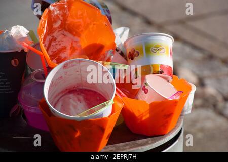 trash of the ice cream parlor on a trash can close-up view Stock Photo