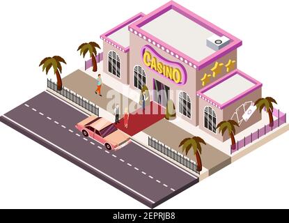 Casino building isometric composition with people arrived by car to play roulette and poker vector illustration Stock Vector