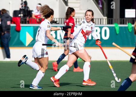 AMSTELVEEN, NETHERLANDS - FEBRUARY 27: Maria Verschoor of Amsterdam, Charlotte Adegeest of Amsterdam during the Dutch Hockey Hoofdklasse match between Stock Photo