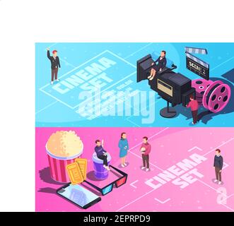 Cinema horizontal isometric banners on blue pink background with movie set, staff, tickets, snacks isolated vector illustration Stock Vector