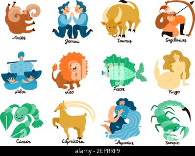 Set of hand drawn zodiac signs including leo, taurus, pisces, libra, gemini and virgo isolated vector illustration Stock Vector