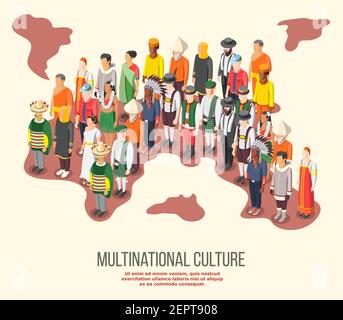 Multinational culture isometric composition with people of different races and nationalities in folk costumes vector illustration Stock Vector