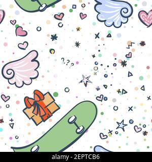 Seamless pattern cartoon skateboard, gift and wings. Vector illustration for boy and girl, on blob doted background Stock Vector