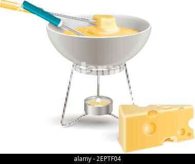 Cheese fondue in ceramic bowl on fire from candle realistic composition on white background vector illustration Stock Vector