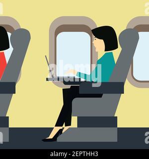 businessman and businesswoman passenger doing work on airplane business class cabin. vector illustration Stock Vector