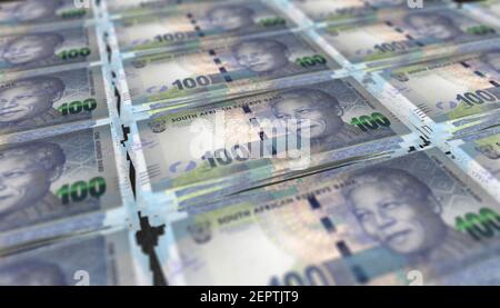 3D illustration of South Africa 100 Rand bills stacks background Stock Photo