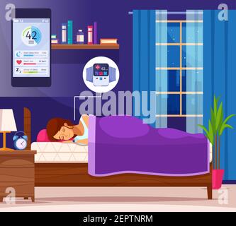 Correct sleeping cartoon composition with female human character and cartoon home scenery with smartphone application interface vector illustration Stock Vector