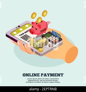 Online payment isometric design concept with human hand holding smartphone with tax report app on screen vector illustration Stock Vector