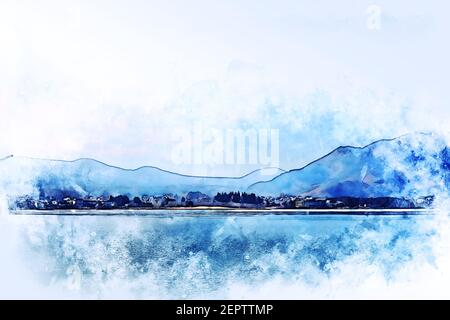 Abstract colorful mountain range and river in Japan on watercolor illustration painting background. Stock Photo