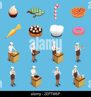 Confectionery chef isometric icons set on blue background isolated vector illustration Stock Vector