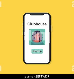 Clubhouse app on Smartphone in hands. Sending invitation to Clubhouse app. Stock Vector