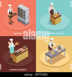 Confectionery chef concept isometric icons set with bakery symbols isolated vector illustration Stock Vector