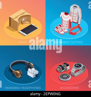 Wearable technology concept 4 isometric compositions with tracking activities smart clothes accessories vr kit isolated vector illustration Stock Vector
