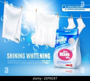 Realistic laundry detergent for automatic wash machine ad poster on blue background with white clothing vector illustration Stock Vector