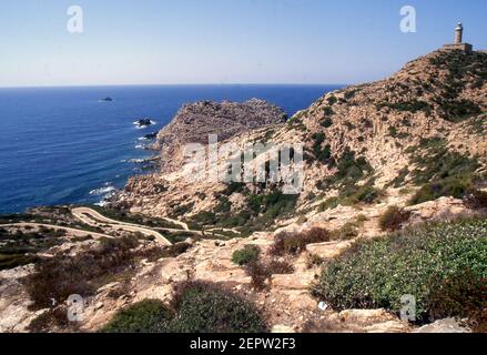 The Capo Sandalo lighthouse in San Pietro Island, Sardinia (scanned from colorslide) Stock Photo