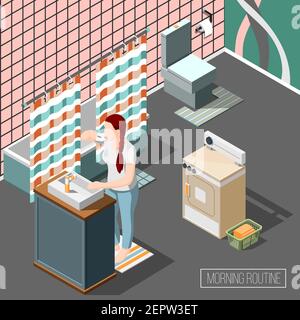 Morning routine isometric composition with young woman brushing teeth in bathroom interior vector illustration Stock Vector