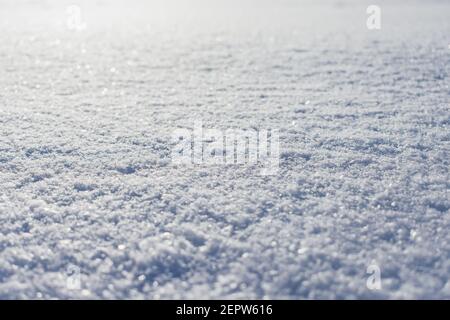 Snowy surface, the surface covered with a dense layer of snow in winter in the rays of the sun Stock Photo