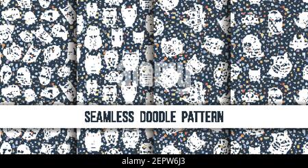 Set of seamless doodle owl patterns. Cute print collection for kids, scrap and other. Vector endless illustrations Stock Vector