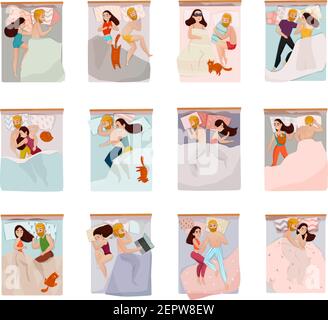 Couple sleeping poses set with relations symbols flat isolated vector illustration Stock Vector
