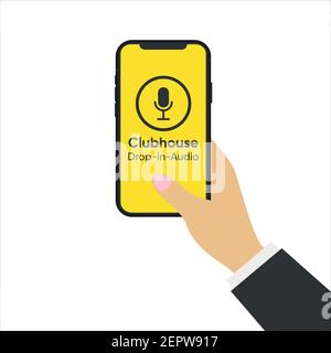 Clubhouse app on the Smartphone in hands. Drop in audio chat app. Stock Vector