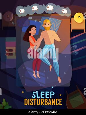 Sleeping poses poster with sleep disturbance symbols flat vector illustration Stock Vector