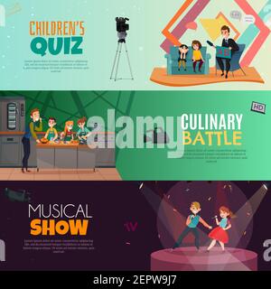 TV show kids set of horizontal banners  childrens quiz, culinary battle, musical performance isolated vector illustration Stock Vector