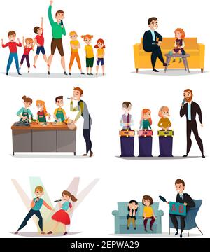 Kids TV show set with sport art and quiz symbols flat isolated vector illustration Stock Vector