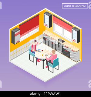 Daily routine isometric composition with male and female characters having joint breakfast in kitchen interior vector illustration Stock Vector