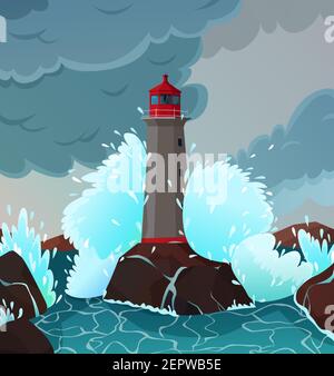 Stormy seaside landscape with waves and lighthouse symbols flat vector illustration Stock Vector