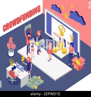Isometric crowdfunding conceptual composition with investors meeting cloud computing images idea and money pictograms with text vector illustration Stock Vector