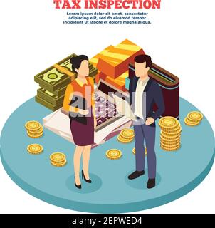 Tax inspection Isometric composition with man and woman figurines and business icons vector illustration Stock Vector