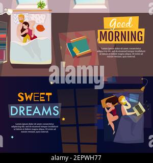 Sleeping poses horizontal banners set with dreams symbols flat isolated vector illustration Stock Vector