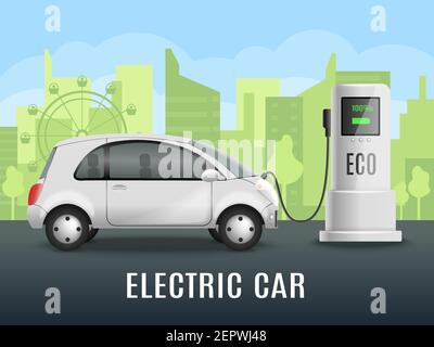 Electric car charging realistic composition with electrically powered automobile near eco friendly charging point with outdoor scenery vector illustra Stock Vector