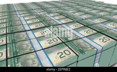 3D illustration of Canada 20 Dollars bills stacks background Stock Photo