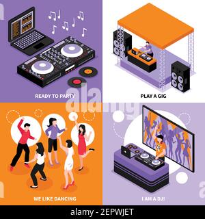 DJ music 4 isometric icons concept with  audio system party dancing corporate gig play isolated vector illustration Stock Vector