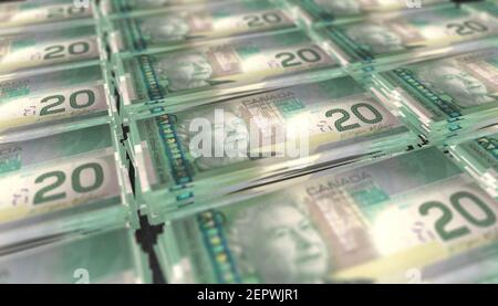 3D illustration of Canada 20 Dollars bills stacks background Stock Photo