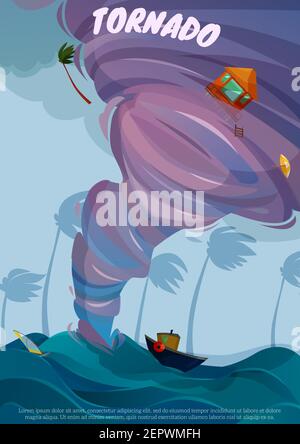Seaside landscape poster with tornado and boat symbols flat vector illustration Stock Vector