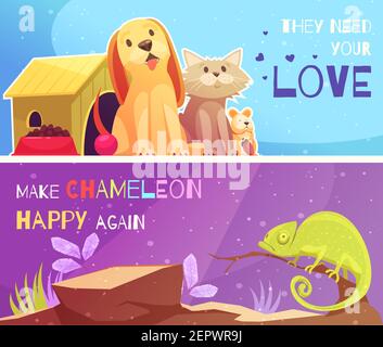 Pet shop 2 horizontal cartoon banners with dog cat hamster funny chameleon and text isolated vector illustration Stock Vector