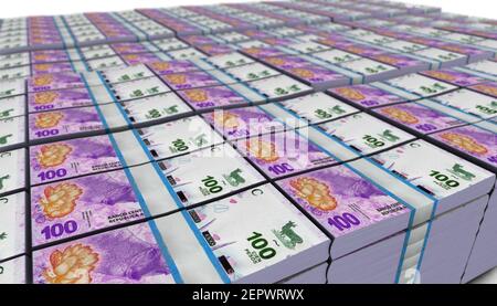 3D illustration of Argentina 100 Pesos bills stacks background Stock Photo