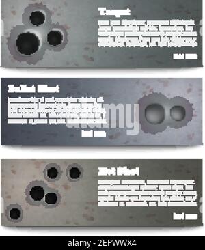 Set of three horizontal bullet shot hole realistic banners with editable text and read more button vector illustration Stock Vector