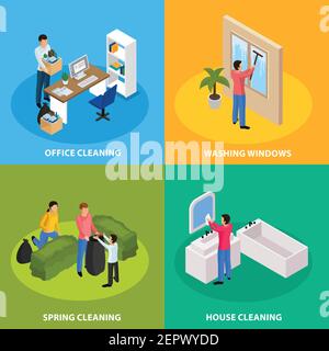 Spring thoroughly cleaning concept 4 isometric icons with office tidying up windows bathroom washing isolated vector illustration Stock Vector
