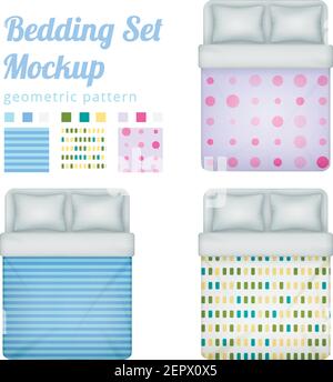 Double bed bedding set of realistic queen beds and patterns for bedclothing with examples of blanket vector illustration Stock Vector