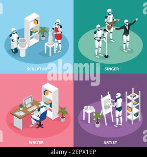 Artificial intelligence 4 isometric icons concept with creative robots sculptor artist writer singer musician isolated vector illustration Stock Vector