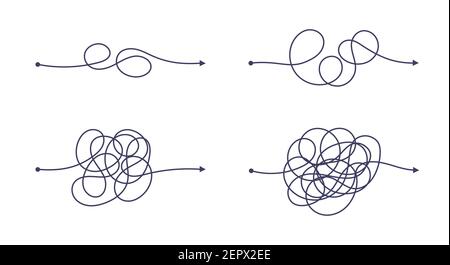 Complex and easy simple way from start to end vector illustration set. Chaos simplifying, problem solving and business solution searching challenge co Stock Vector