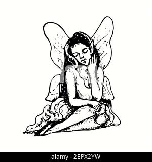 Beautiful fairy sitting and dreaming isolated. Ink black and white doodle drawing in woodcut outline style. Stock Photo