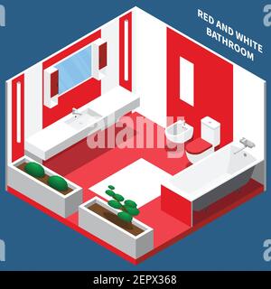 Red and white bath room interior with plumbing and decoration from plants isometric composition vector illustration Stock Vector