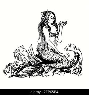 Mermaid sitting on rock and looking on shell in her hand. Ink black and white doodle drawing in woodcut outline style. Stock Photo