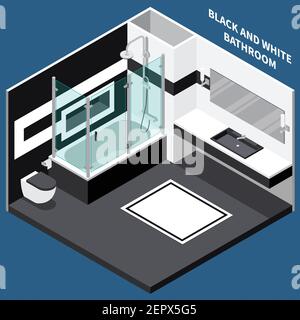 Combined black and white bath room with sanitary engineering, isometric composition on blue background vector illustration Stock Vector