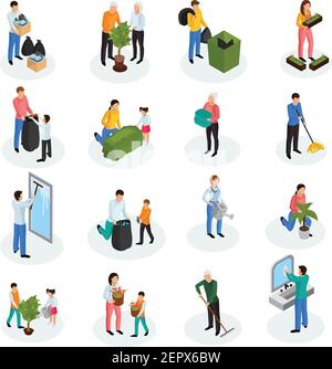 Spring cleaning works isometric icons collection with floor mopping seedling planting garbage collection window washing isolated vector illustration Stock Vector